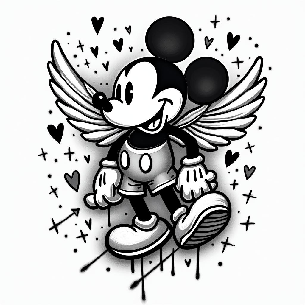 Mickey, Aquarius, February 10, 1994, year of the dog, soldierin graffiti style tattoo, featuring bold and dynamic street art elements, spray-paint texture with exaggerated lines and expressive, chaotic brushstrokes, intricate lettering incorporated with graffiti tags, symbols like hearts, stars, and wings