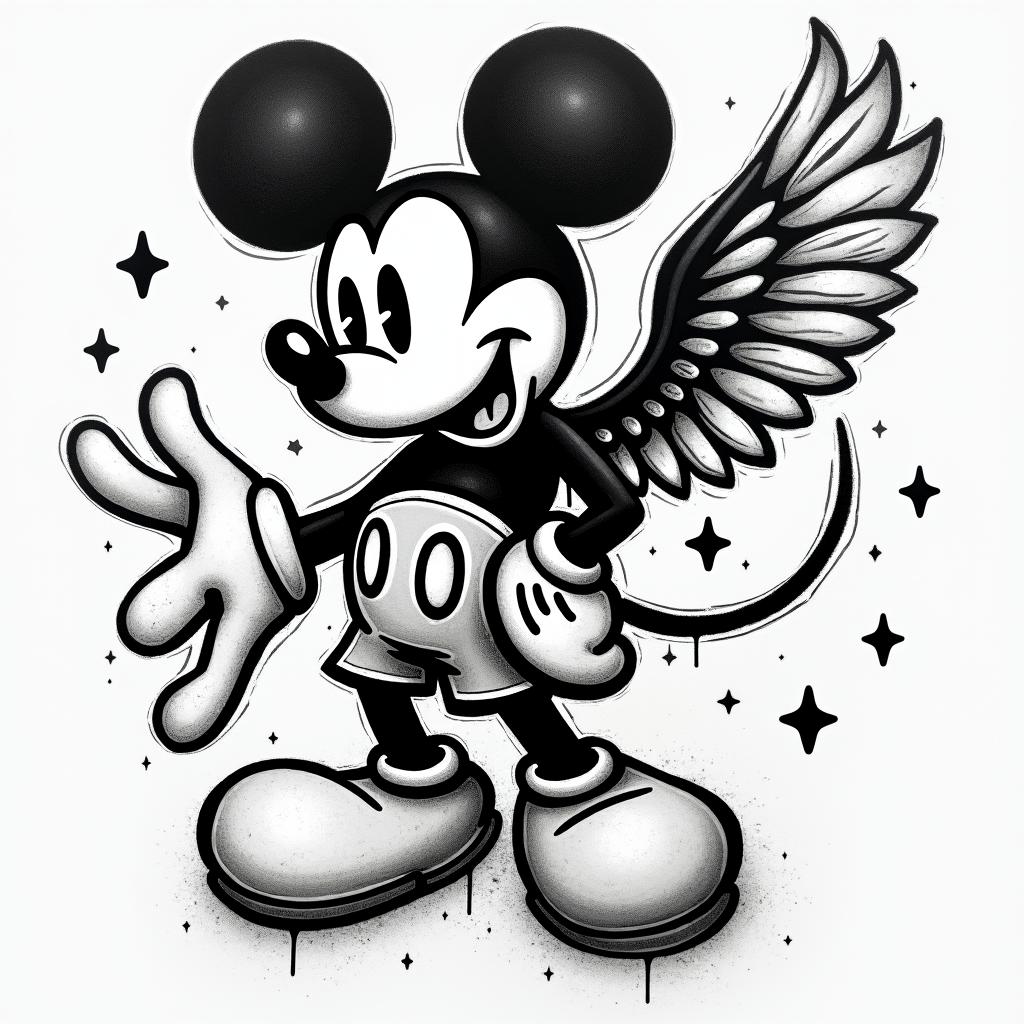 Mickey, Aquarius, February 10, 1994, year of the dog, soldierin graffiti style tattoo, featuring bold and dynamic street art elements, spray-paint texture with exaggerated lines and expressive, chaotic brushstrokes, intricate lettering incorporated with graffiti tags, symbols like hearts, stars, and wings - Variation 4