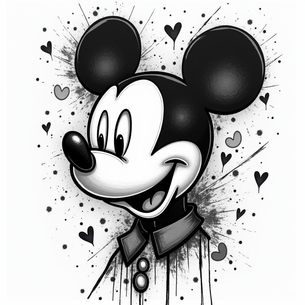 Mickey, Aquarius, February 10, 1994, year of the dog, soldierin graffiti style tattoo, featuring bold and dynamic street art elements, spray-paint texture with exaggerated lines and expressive, chaotic brushstrokes, intricate lettering incorporated with graffiti tags, symbols like hearts, stars, and wings - Variation 2