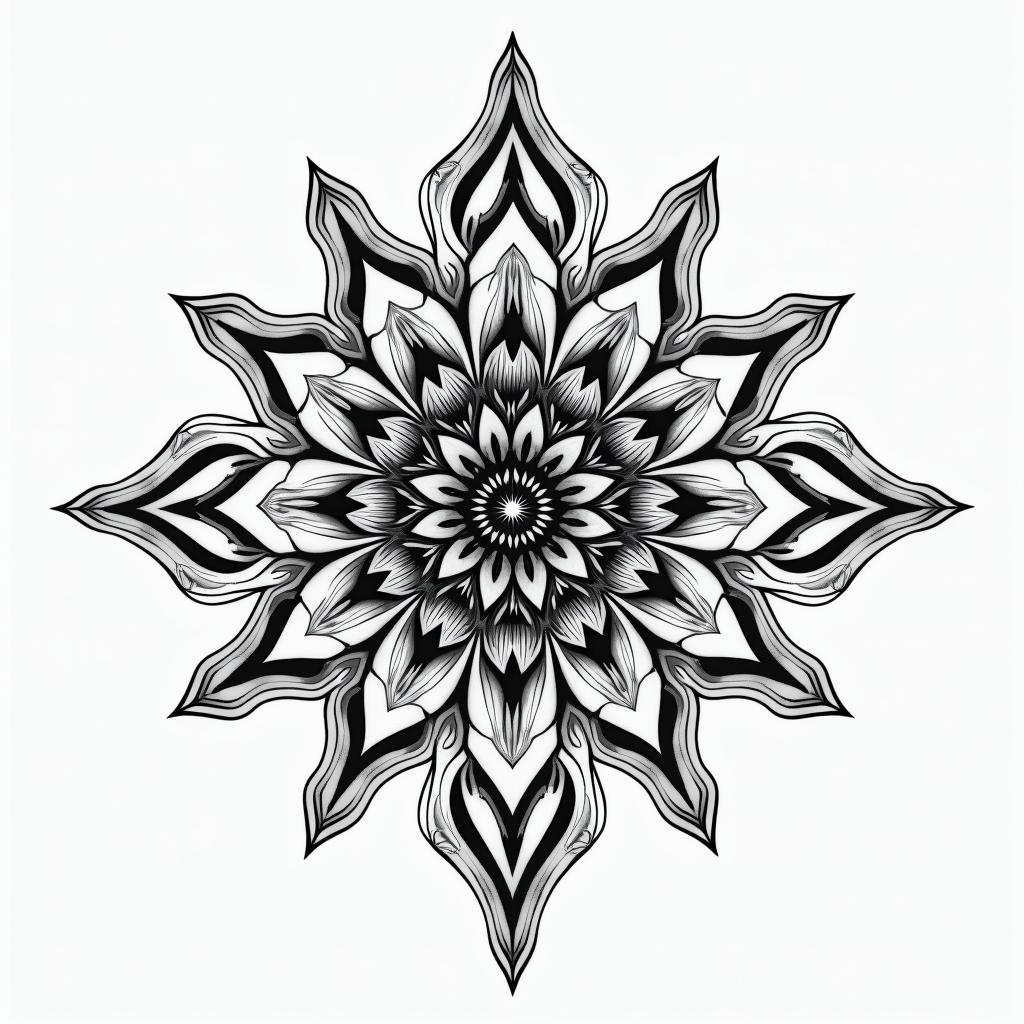 Eclair adventure music in geometric style tattoo, blending hexagons, mandala-inspired patterns, symmetrical and fractal design, clean lines, sharp angles