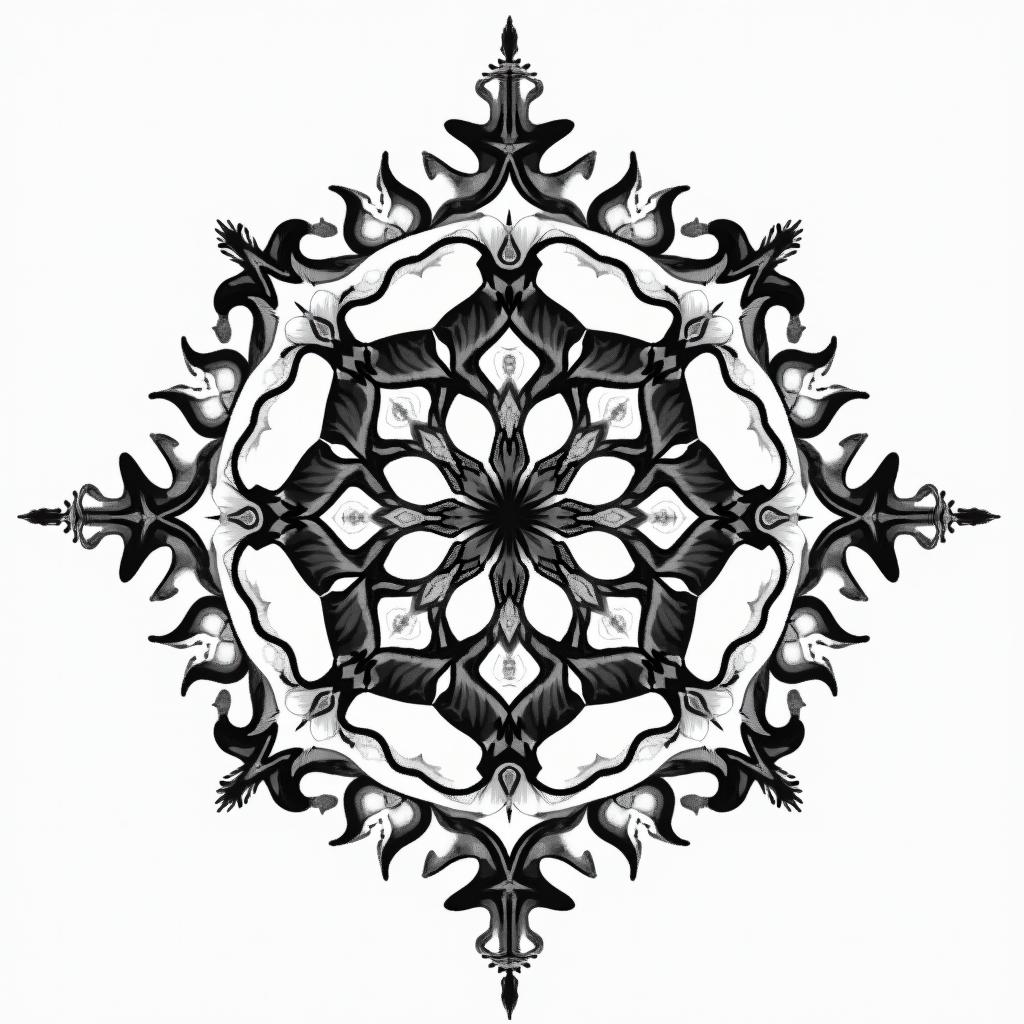 Eclair adventure music in geometric style tattoo, blending hexagons, mandala-inspired patterns, symmetrical and fractal design, clean lines, sharp angles - Variation 4