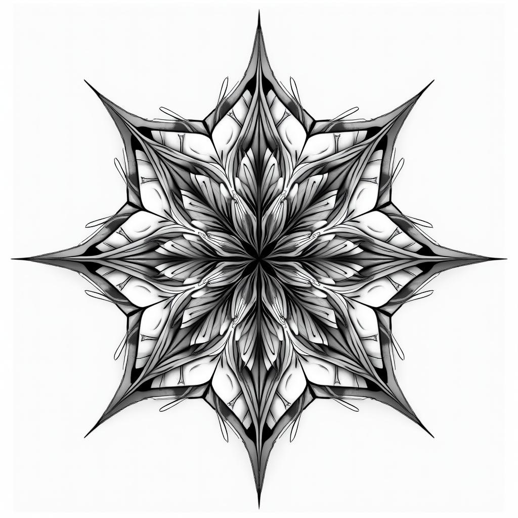 Eclair adventure music in geometric style tattoo, blending hexagons, mandala-inspired patterns, symmetrical and fractal design, clean lines, sharp angles - Variation 3