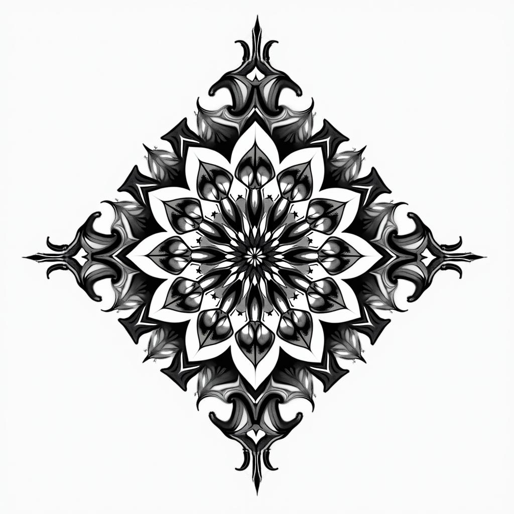 Eclair adventure music in geometric style tattoo, blending hexagons, mandala-inspired patterns, symmetrical and fractal design, clean lines, sharp angles - Variation 2