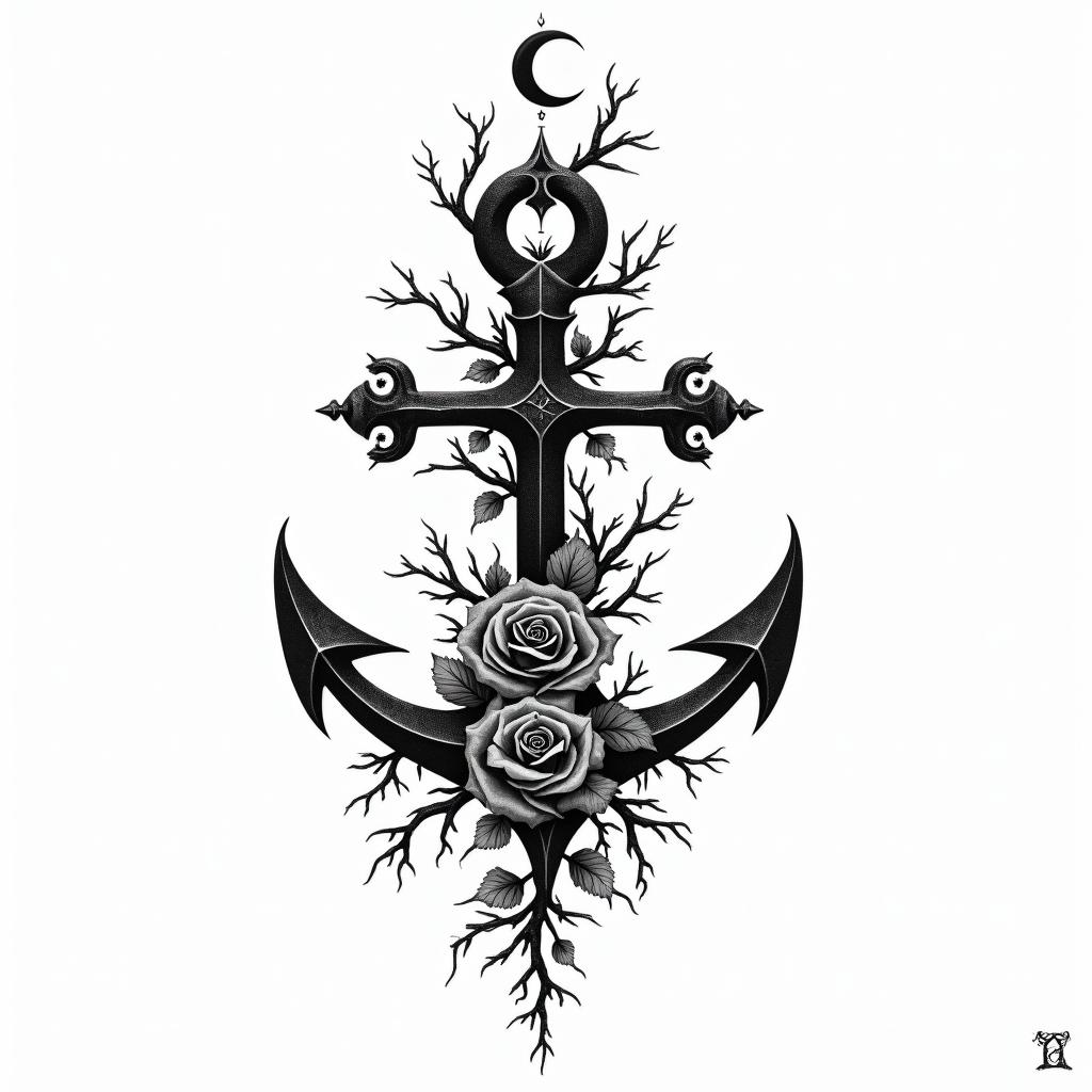 Anchor entwined with roses and thornsin paganic style tattoo, featuring ancient symbols, add vegvisir symbol, mystical figures, incorporating designs, pentagrams, runes, crescent moons, - Variation 2