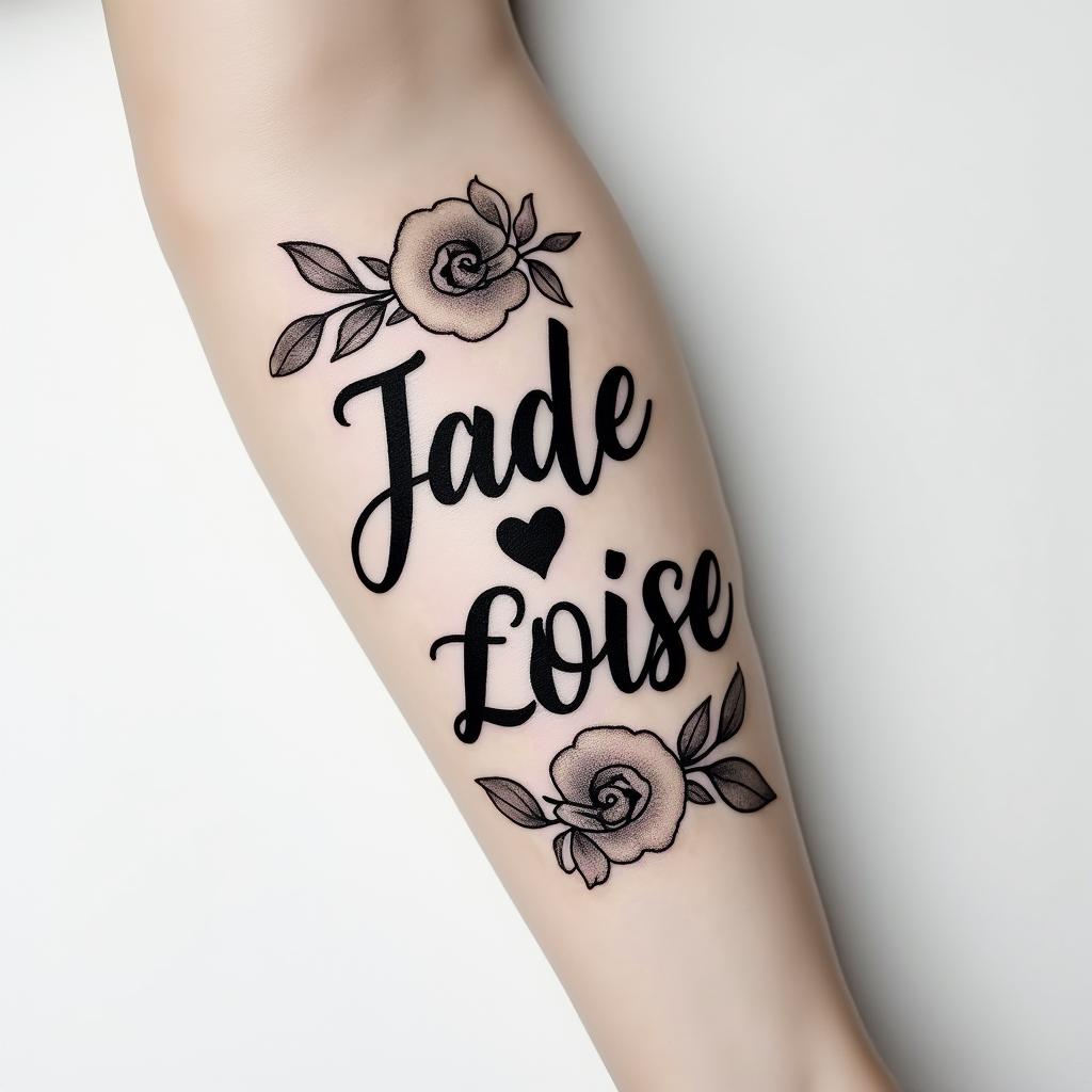 Jade Eloise 25-02-2022, on the armin elegant cursive calligraphy style 2d tattoo, decorate with roses, featuring a smooth and flowing handwritten script with slightly thickened strokes for a luxurious and bold appearance,  heart symbol between names,  sleek and glossy black text with shadowing, minimalist matte white background, clean and sharp edges, illuminated with soft lighting, romantic, 8k, high-quality textures with refined typography - Variation 9