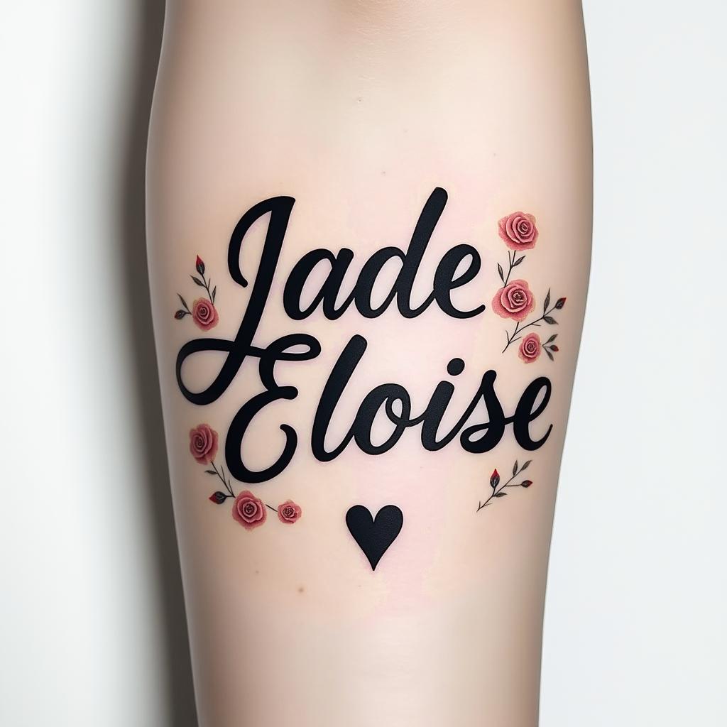 Jade Eloise 25-02-2022, on the armin elegant cursive calligraphy style 2d tattoo, decorate with roses, featuring a smooth and flowing handwritten script with slightly thickened strokes for a luxurious and bold appearance,  heart symbol between names,  sleek and glossy black text with shadowing, minimalist matte white background, clean and sharp edges, illuminated with soft lighting, romantic, 8k, high-quality textures with refined typography - Variation 10