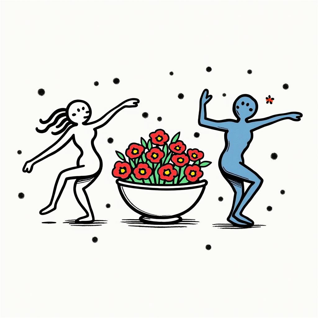 42 don’t panic a bowl of petunias and a sperm whaleabstract dancing figures in Keith Haring style, featuring bold black outlines and solid color fills, figures posed in dynamic and playful dance movements, minimalist design - Variation 2