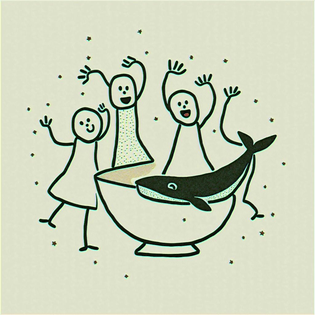 42 don’t panic a bowl of petunias and a sperm whaleabstract dancing figures in Keith Haring style, featuring bold black outlines and solid color fills, figures posed in dynamic and playful dance movements, minimalist design - Variation 4