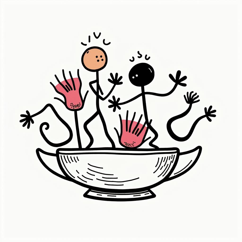42 don’t panic a bowl of petunias and a sperm whaleabstract dancing figures in Keith Haring style, featuring bold black outlines and solid color fills, figures posed in dynamic and playful dance movements, minimalist design