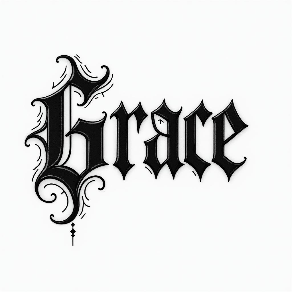 Gracetext-based tattoo, gothic font ultra-realistic, perfectly placed, high-quality font design, photo-realistic shading, 8k, high quality, finely detailed typography - Variation 3
