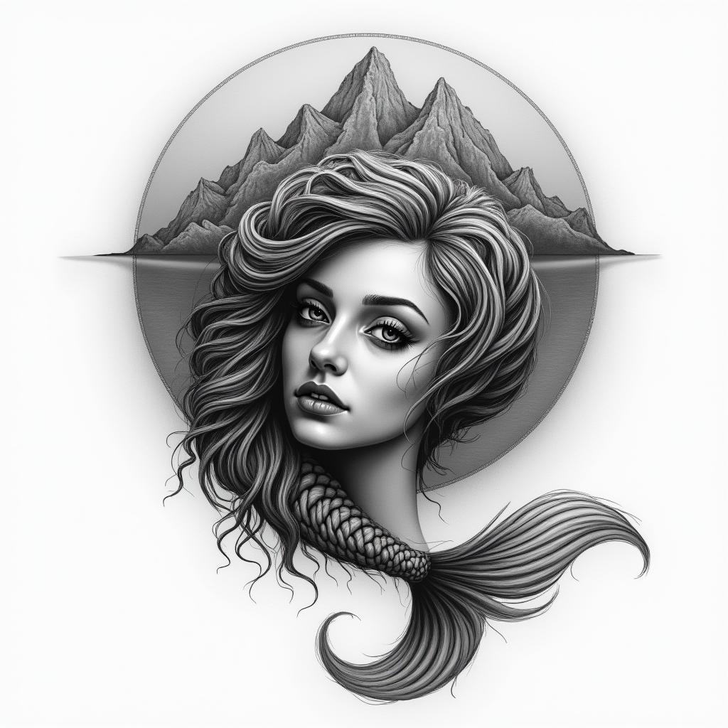 A pisces swimming with mountain Ararat in the background. The pisces face is a beautiful woman’s face.in realism tattoo style, featuring a highly detailed, lifelike, capturing every detail, photorealistic, ultra realistic, intricate shading, smooth and sharp,   - Variation 2