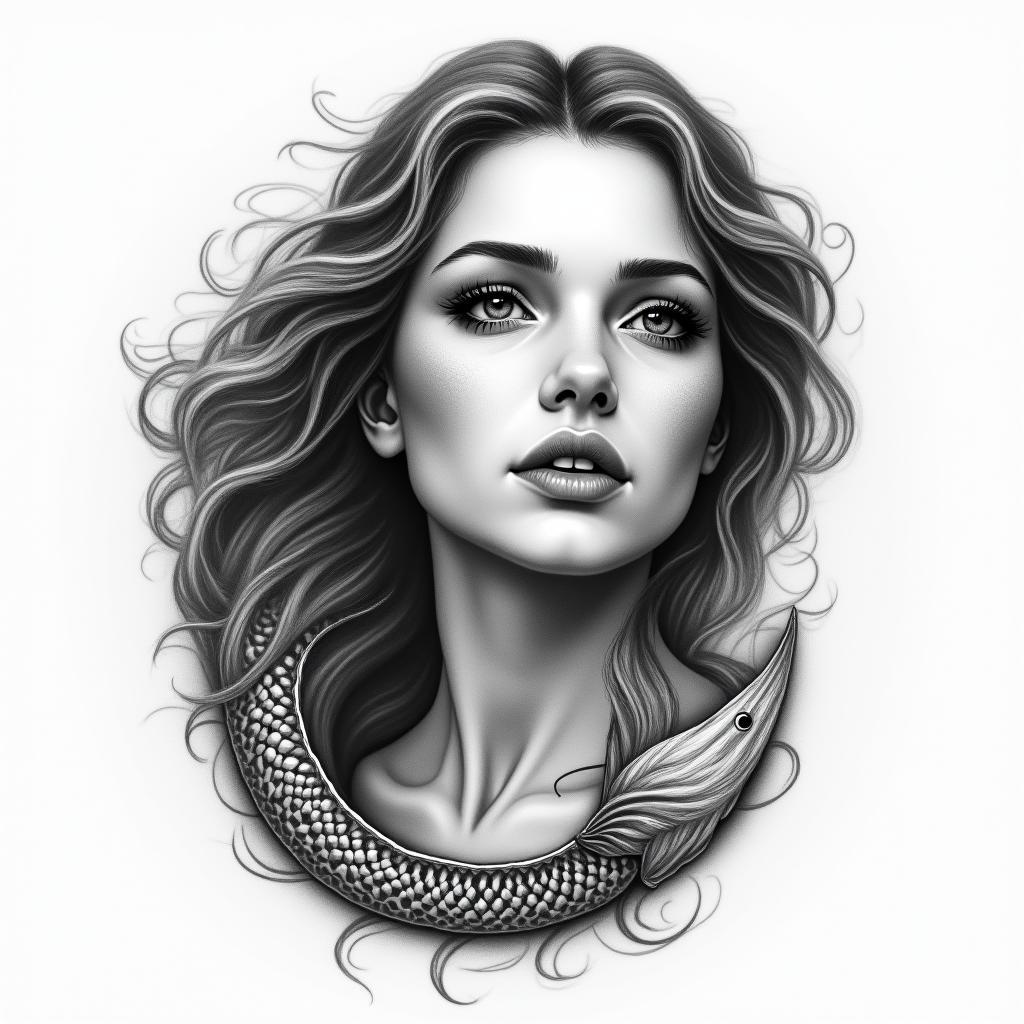 A pisces swimming with mountain Ararat in the background. The pisces face is a beautiful woman’s face.in realism tattoo style, featuring a highly detailed, lifelike, capturing every detail, photorealistic, ultra realistic, intricate shading, smooth and sharp,   - Variation 3