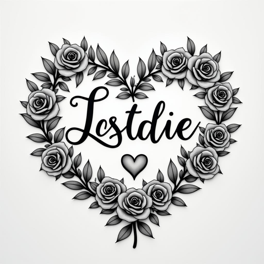 Jade Eloise 25-02-2022, on the armin elegant cursive calligraphy style 2d tattoo, decorate with roses, featuring a smooth and flowing handwritten script with slightly thickened strokes for a luxurious and bold appearance,  heart symbol between names,  sleek and glossy black text with shadowing, minimalist matte white background, clean and sharp edges, illuminated with soft lighting, romantic, 8k, high-quality textures with refined typography - Variation 6