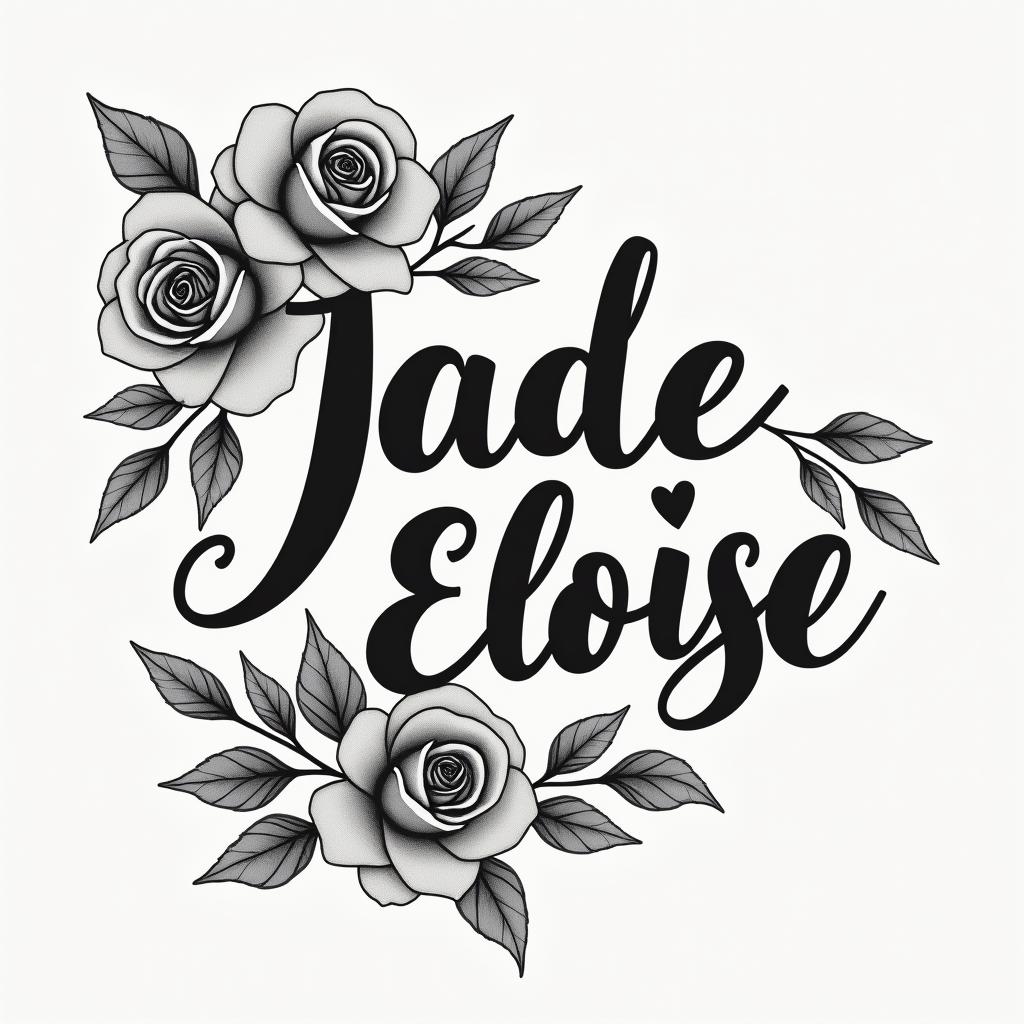 Jade Eloise 25-02-2022, on the armin elegant cursive calligraphy style 2d tattoo, decorate with roses, featuring a smooth and flowing handwritten script with slightly thickened strokes for a luxurious and bold appearance,  heart symbol between names,  sleek and glossy black text with shadowing, minimalist matte white background, clean and sharp edges, illuminated with soft lighting, romantic, 8k, high-quality textures with refined typography - Variation 7