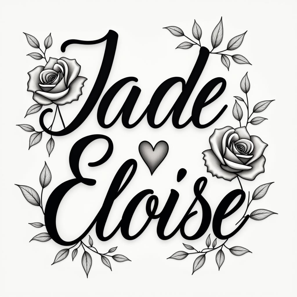 Jade Eloise 25-02-2022, on the armin elegant cursive calligraphy style 2d tattoo, decorate with roses, featuring a smooth and flowing handwritten script with slightly thickened strokes for a luxurious and bold appearance,  heart symbol between names,  sleek and glossy black text with shadowing, minimalist matte white background, clean and sharp edges, illuminated with soft lighting, romantic, 8k, high-quality textures with refined typography - Variation 8
