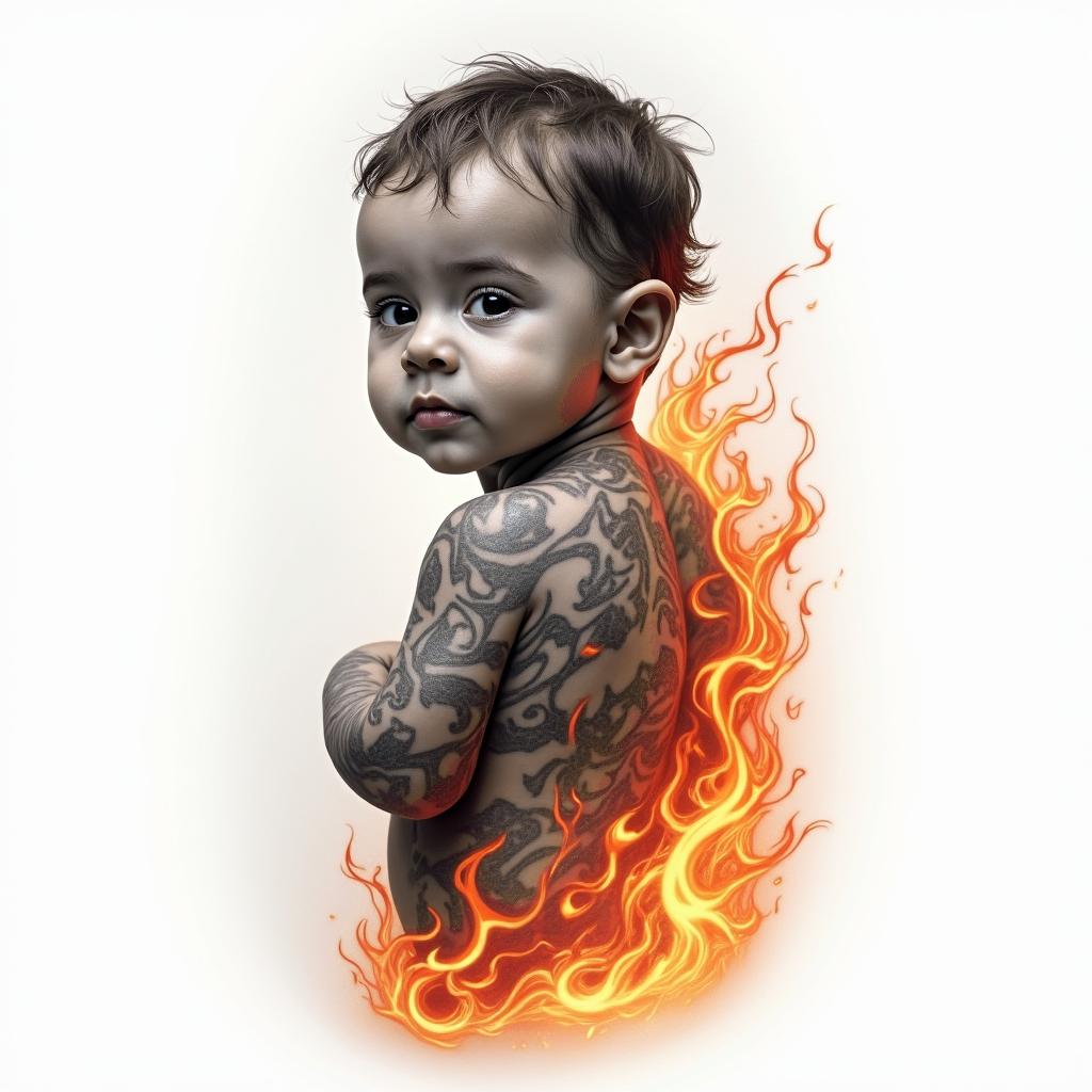 Dedicated to the baby boyin flame tattoo style showcasing fiery elements with dynamic flame patterns, glowing effect of flames, natural colors