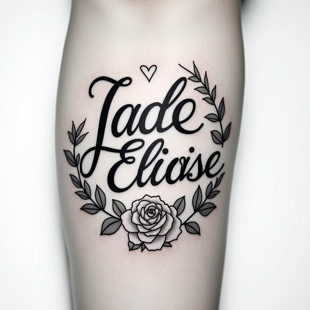 Jade Eloise 25-02-2022, on the armin elegant cursive calligraphy style 2d tattoo, decorate with roses, featuring a smooth and flowing handwritten script with slightly thickened strokes for a luxurious and bold appearance,  heart symbol between names,  sleek and glossy black text with shadowing, minimalist matte white background, clean and sharp edges, illuminated with soft lighting, romantic, 8k, high-quality textures with refined typography - Variation 4