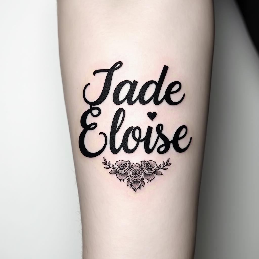 Jade Eloise 25-02-2022, on the armin elegant cursive calligraphy style 2d tattoo, decorate with roses, featuring a smooth and flowing handwritten script with slightly thickened strokes for a luxurious and bold appearance,  heart symbol between names,  sleek and glossy black text with shadowing, minimalist matte white background, clean and sharp edges, illuminated with soft lighting, romantic, 8k, high-quality textures with refined typography - Variation 3