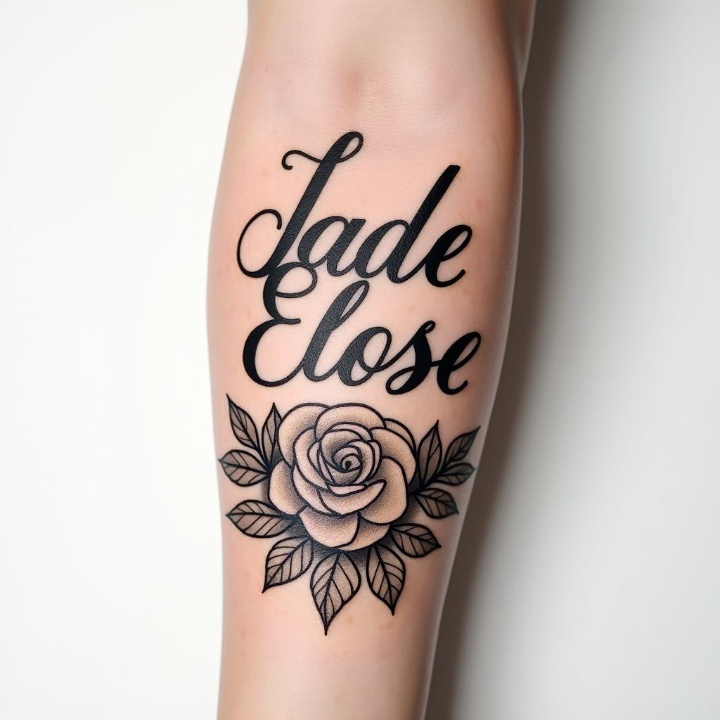 Jade Eloise 25-02-2022, on the armin elegant cursive calligraphy style 2d tattoo, decorate with roses, featuring a smooth and flowing handwritten script with slightly thickened strokes for a luxurious and bold appearance,  heart symbol between names,  sleek and glossy black text with shadowing, minimalist matte white background, clean and sharp edges, illuminated with soft lighting, romantic, 8k, high-quality textures with refined typography - Variation 2