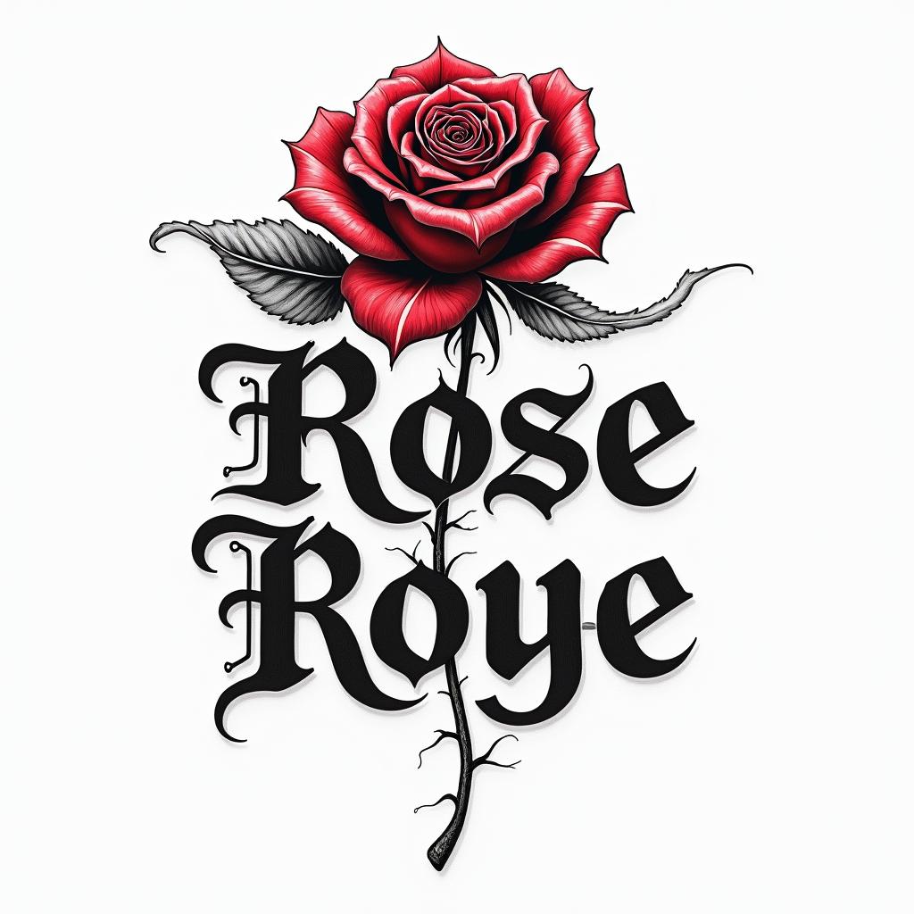 Rose rougetext-based tattoo, gothic font ultra-realistic, perfectly placed, high-quality font design, photo-realistic shading, 8k, high quality, finely detailed typography