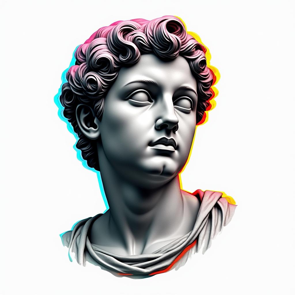 Dedicated to the baby boyin distorted and fragmented tattoo design, featuring a classical statue bust, in a glitch art style with vibrant, overlapping colors of cyan, magenta, and yellow, creating a digital distortion effect