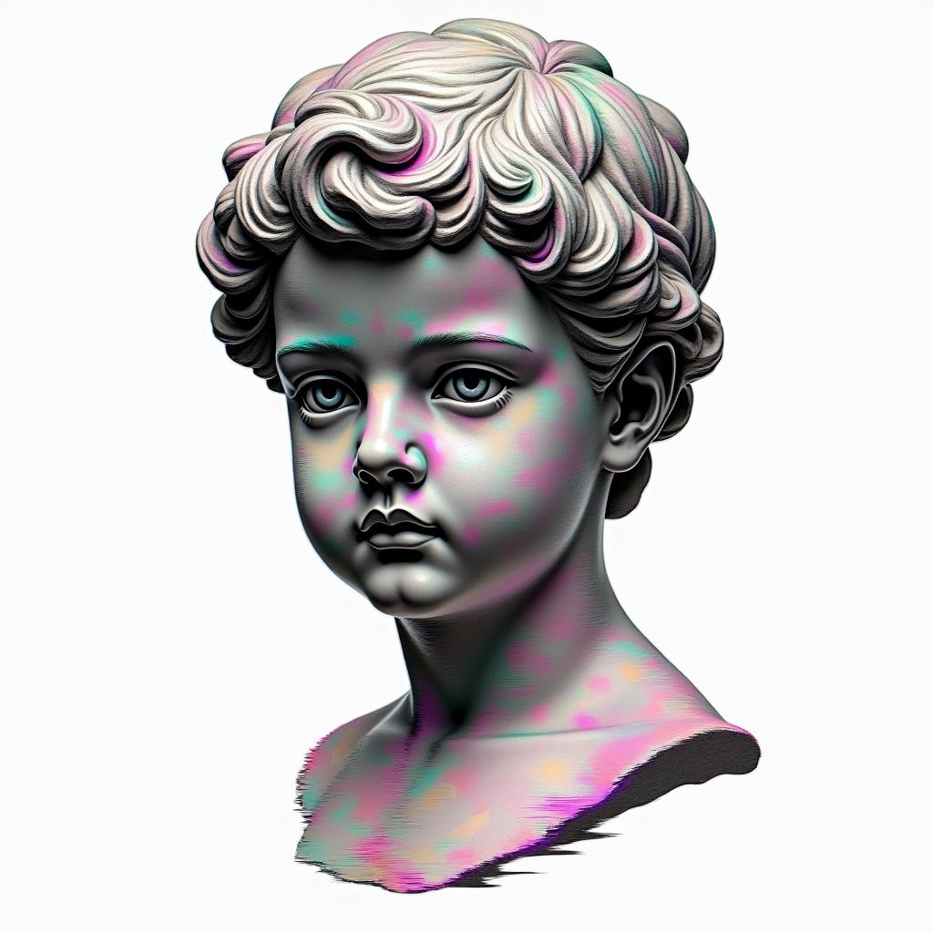 Dedicated to the baby boyin distorted and fragmented tattoo design, featuring a classical statue bust, in a glitch art style with vibrant, overlapping colors of cyan, magenta, and yellow, creating a digital distortion effect - Variation 2