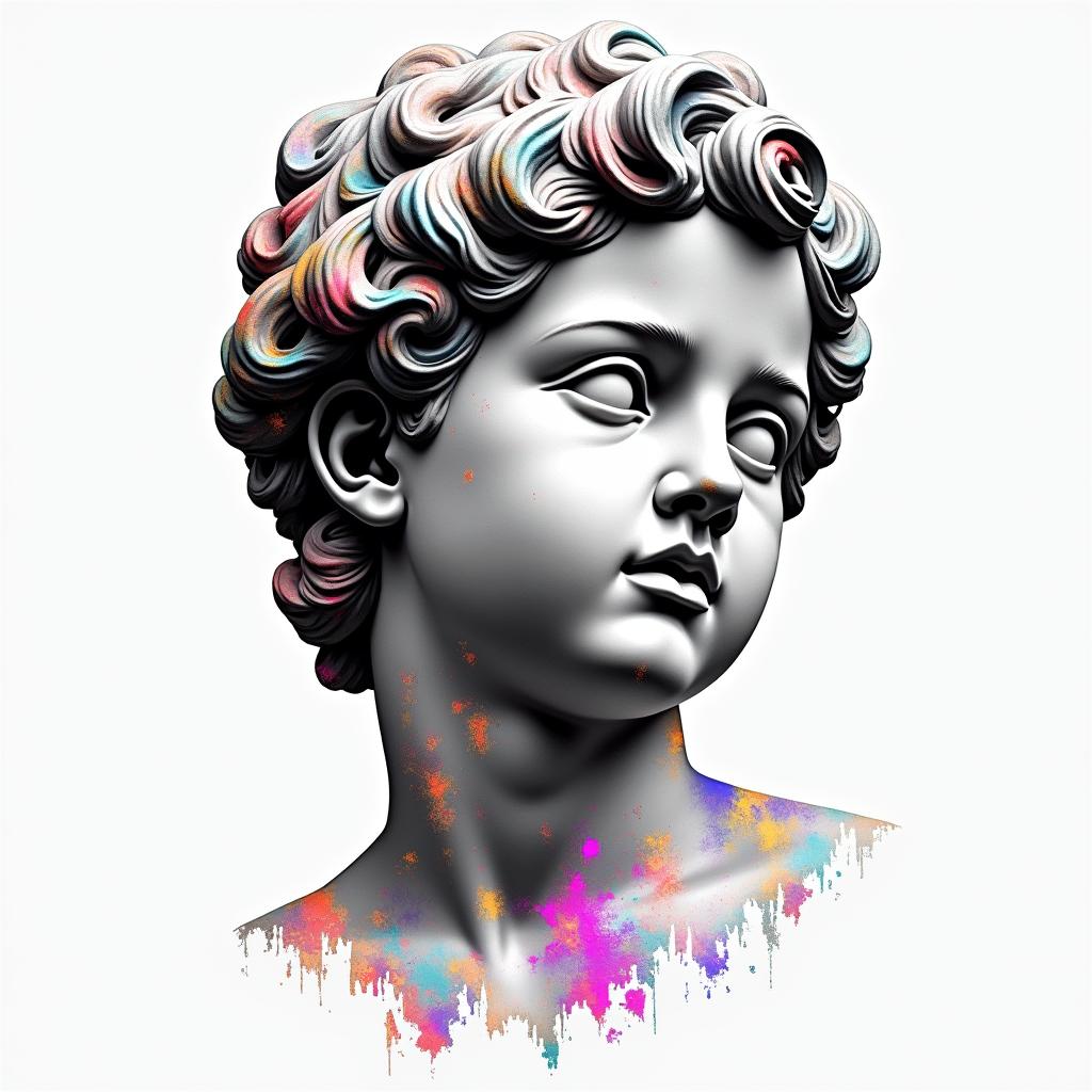 Dedicated to the baby boyin distorted and fragmented tattoo design, featuring a classical statue bust, in a glitch art style with vibrant, overlapping colors of cyan, magenta, and yellow, creating a digital distortion effect - Variation 4