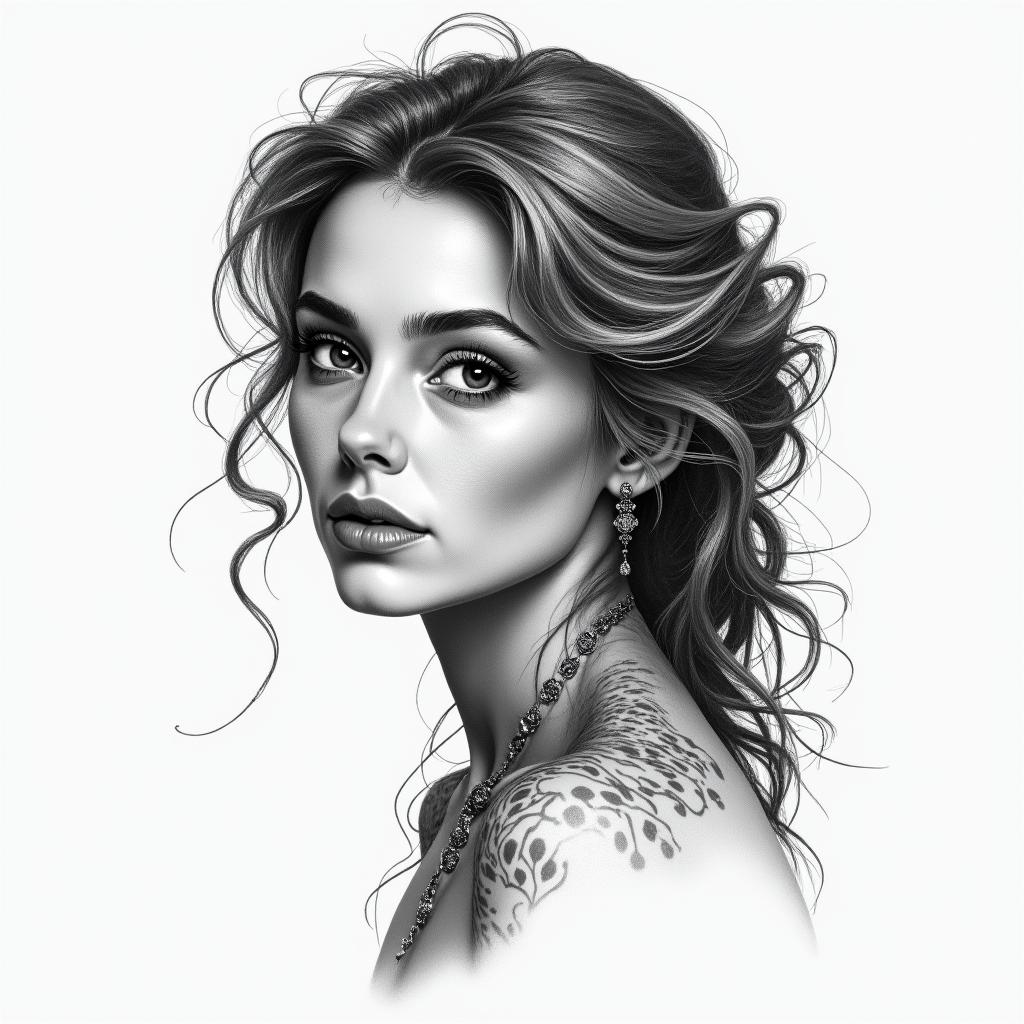 Kate, Aquarius, Massachusettsin portrait tattoo style, featuring a highly realistic and detailed depiction - Variation 2