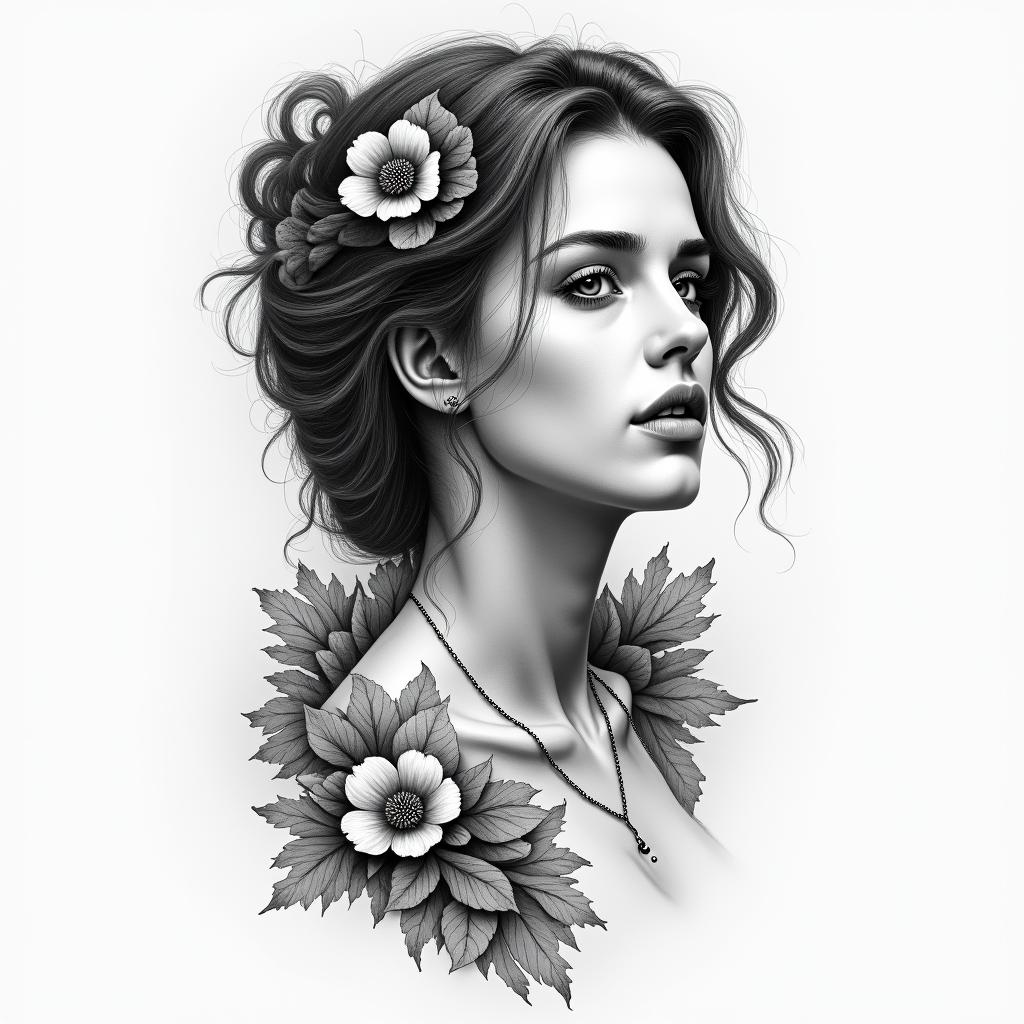 Kate, Aquarius, Massachusettsin portrait tattoo style, featuring a highly realistic and detailed depiction 