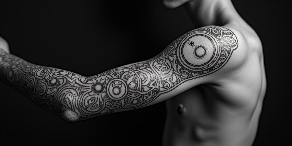 Futuristic cyberpunk girl with neon accentsin prophecy tattoo style, featuring mystical symbols, celestial imagery like stars, moons, suns, geometric patterns, foretelling elements, an eye of wisdom - Variation 2