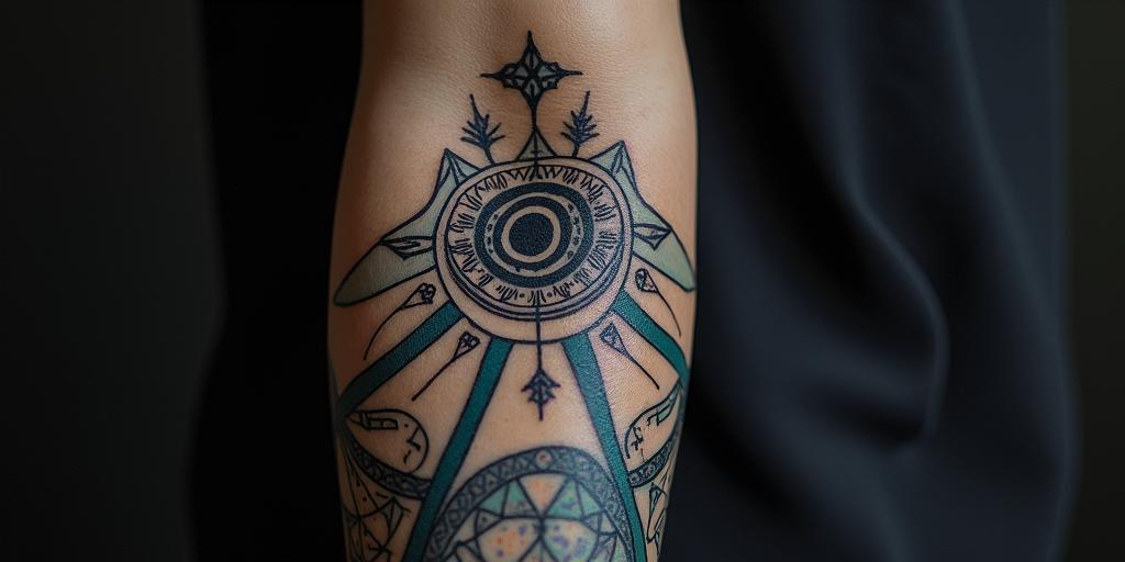 Futuristic cyberpunk girl with neon accentsin prophecy tattoo style, featuring mystical symbols, celestial imagery like stars, moons, suns, geometric patterns, foretelling elements, an eye of wisdom - Variation 3