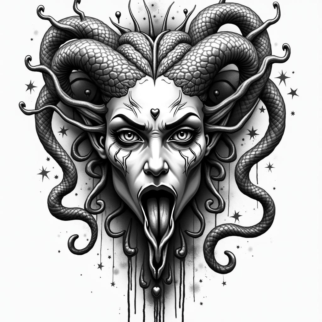 Medusain graffiti style tattoo, featuring bold and dynamic street art elements, spray-paint texture with exaggerated lines and expressive, chaotic brushstrokes, intricate lettering incorporated with graffiti tags, symbols like hearts, stars, and wings - Variation 4