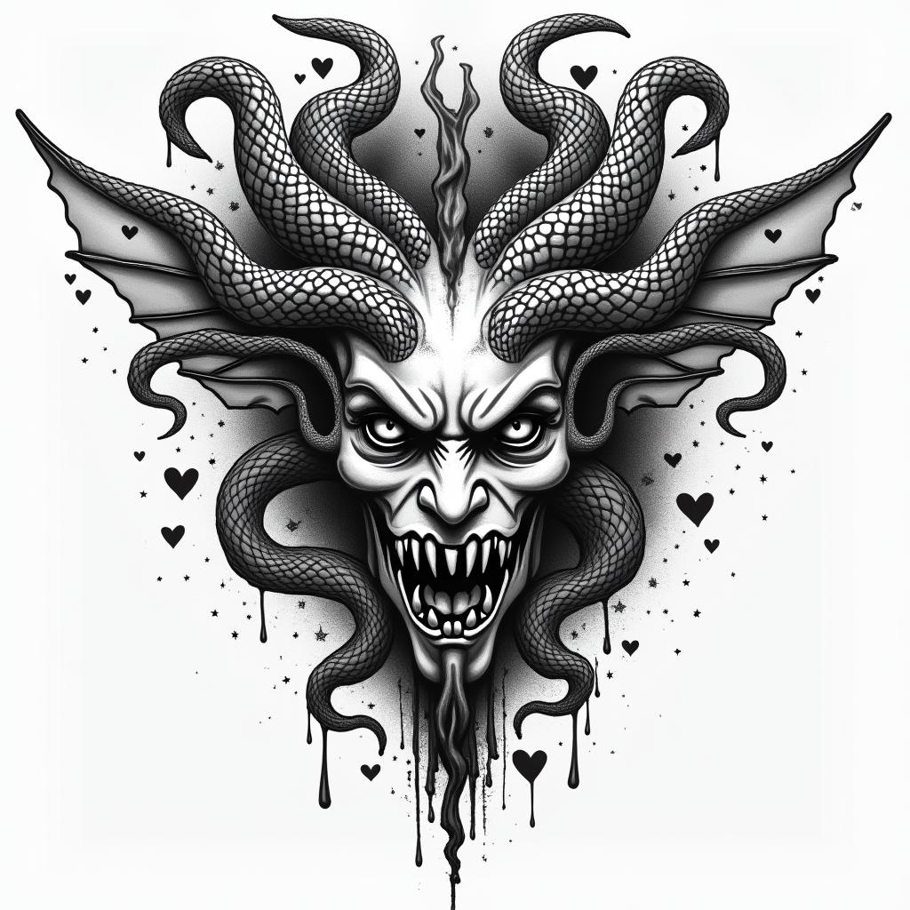 Medusain graffiti style tattoo, featuring bold and dynamic street art elements, spray-paint texture with exaggerated lines and expressive, chaotic brushstrokes, intricate lettering incorporated with graffiti tags, symbols like hearts, stars, and wings - Variation 3