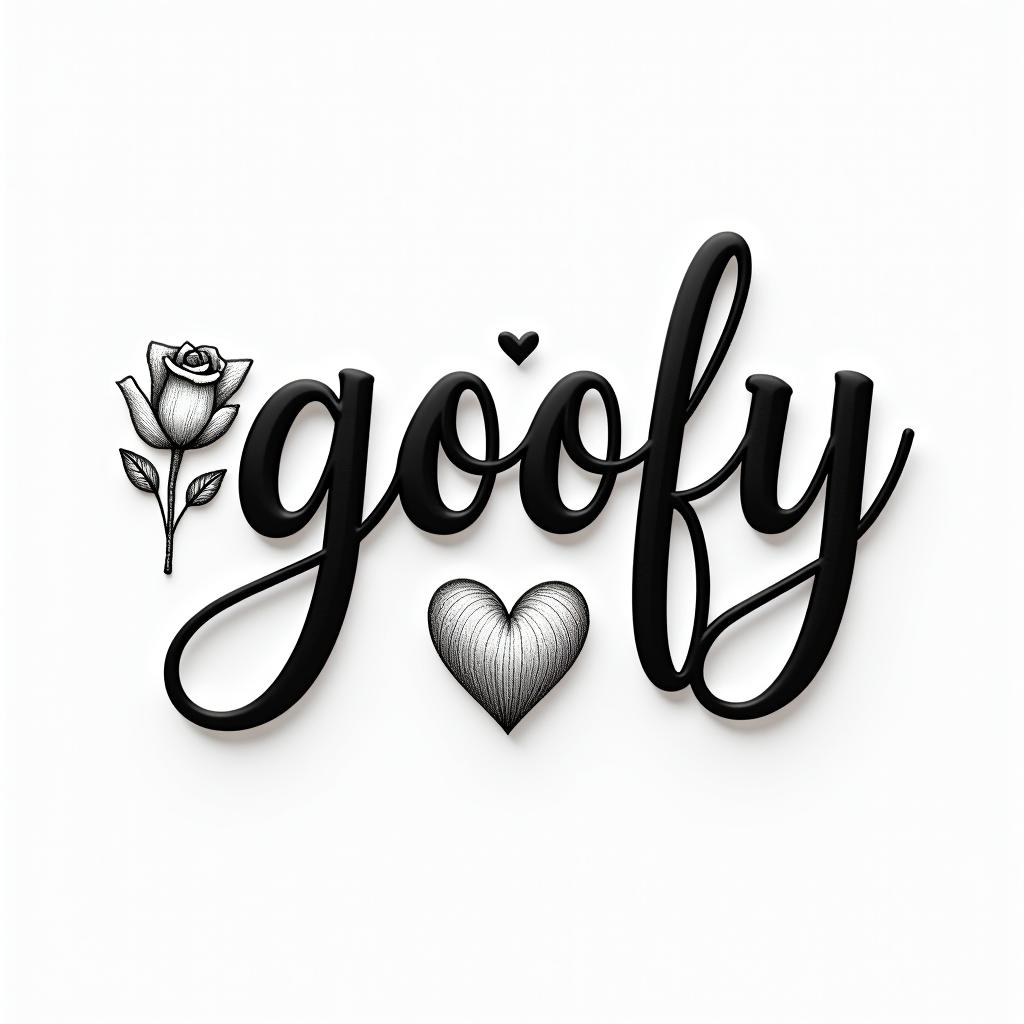 The word goofy and the word gooberin elegant cursive calligraphy style 2d tattoo, decorate with roses, featuring a smooth and flowing handwritten script with slightly thickened strokes for a luxurious and bold appearance,  heart symbol between names,  sleek and glossy black text with shadowing, minimalist matte white background, clean and sharp edges, illuminated with soft lighting, romantic, 8k, high-quality textures with refined typography