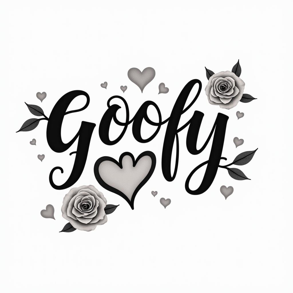 The word goofy and the word gooberin elegant cursive calligraphy style 2d tattoo, decorate with roses, featuring a smooth and flowing handwritten script with slightly thickened strokes for a luxurious and bold appearance, heart symbol between names, sleek and glossy black text with shadowing, minimalist matte white background, clean and sharp edges, illuminated with soft lighting, romantic, 8k, high-quality textures with refined typography - Variation 4