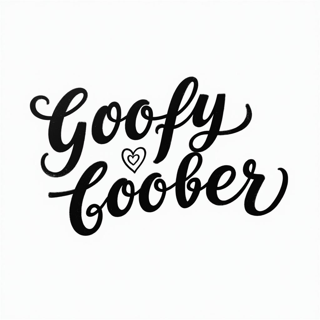 The word goofy and the word gooberin elegant cursive calligraphy style 2d tattoo, decorate with roses, featuring a smooth and flowing handwritten script with slightly thickened strokes for a luxurious and bold appearance, heart symbol between names, sleek and glossy black text with shadowing, minimalist matte white background, clean and sharp edges, illuminated with soft lighting, romantic, 8k, high-quality textures with refined typography - Variation 2