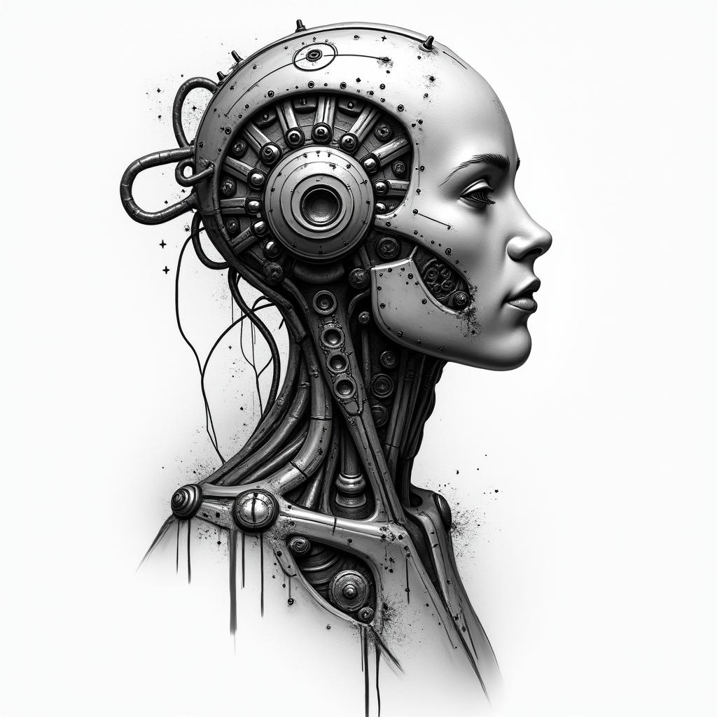 Esoteric Appalachian magictattoo in biomechanic style, the tattoo covered by robotic elements of futuristic cyberpunk design, robotic features detail, showcasing intricate mechanical components - Variation 4