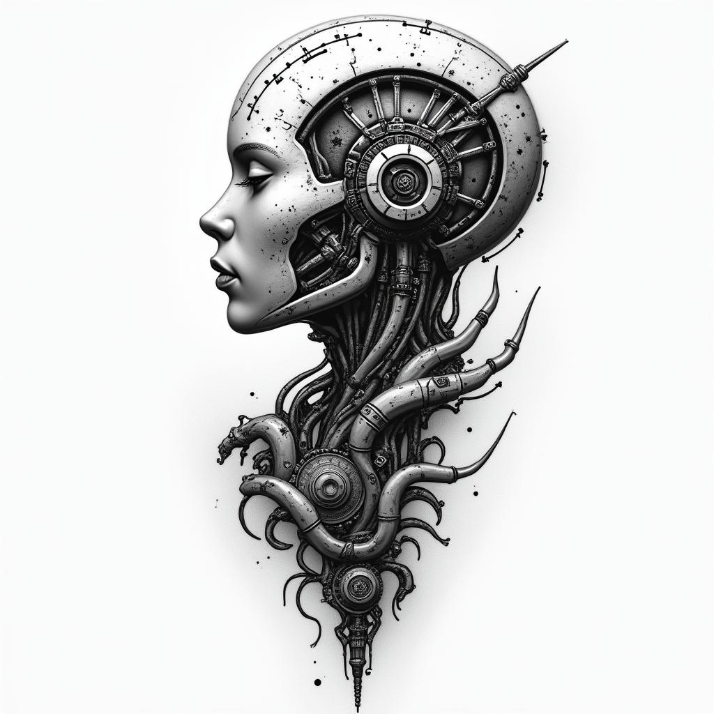 Esoteric Appalachian magictattoo in biomechanic style, the tattoo covered by robotic elements of futuristic cyberpunk design, robotic features detail, showcasing intricate mechanical components - Variation 3