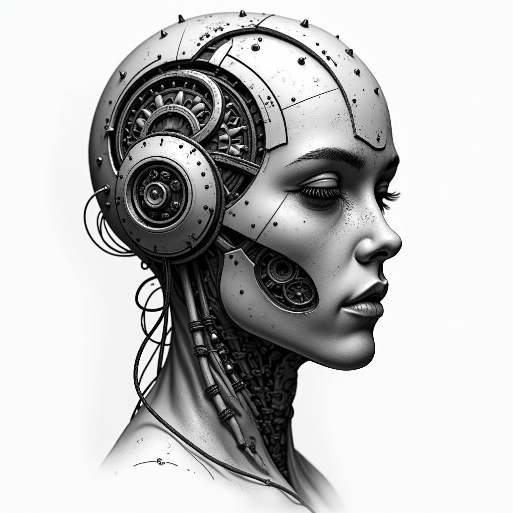 Esoteric Appalachian magictattoo in biomechanic style, the tattoo covered by robotic elements of futuristic cyberpunk design, robotic features detail, showcasing intricate mechanical components