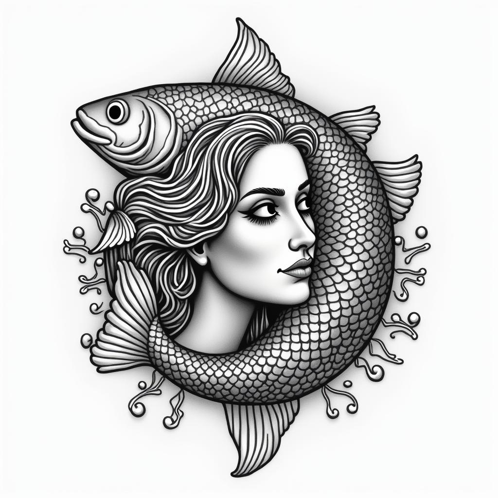 A pisces swimming with mountain Ararat in the background. The pisces face is a beautiful woman’s face. But the body of the fish and a head of a humanin authentic tattoo style, incorporating traditional modifications, bold black outlines, solid color fills, featuring classic authentic elements - Variation 3