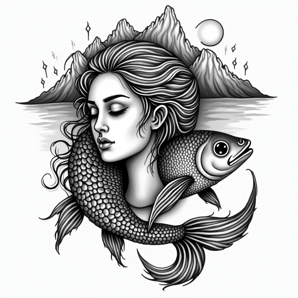 A pisces swimming with mountain Ararat in the background. The pisces face is a beautiful woman’s face. But the body of the fish and a head of a humanin authentic tattoo style, incorporating traditional modifications, bold black outlines, solid color fills, featuring classic authentic elements - Variation 4