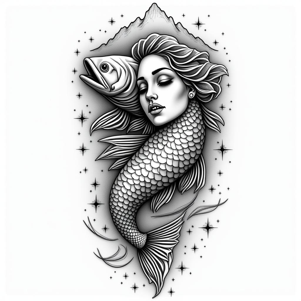 A pisces swimming with mountain Ararat in the background. The pisces face is a beautiful woman’s face. But the body of the fish and a head of a humanin authentic tattoo style, incorporating traditional modifications, bold black outlines, solid color fills, featuring classic authentic elements - Variation 2