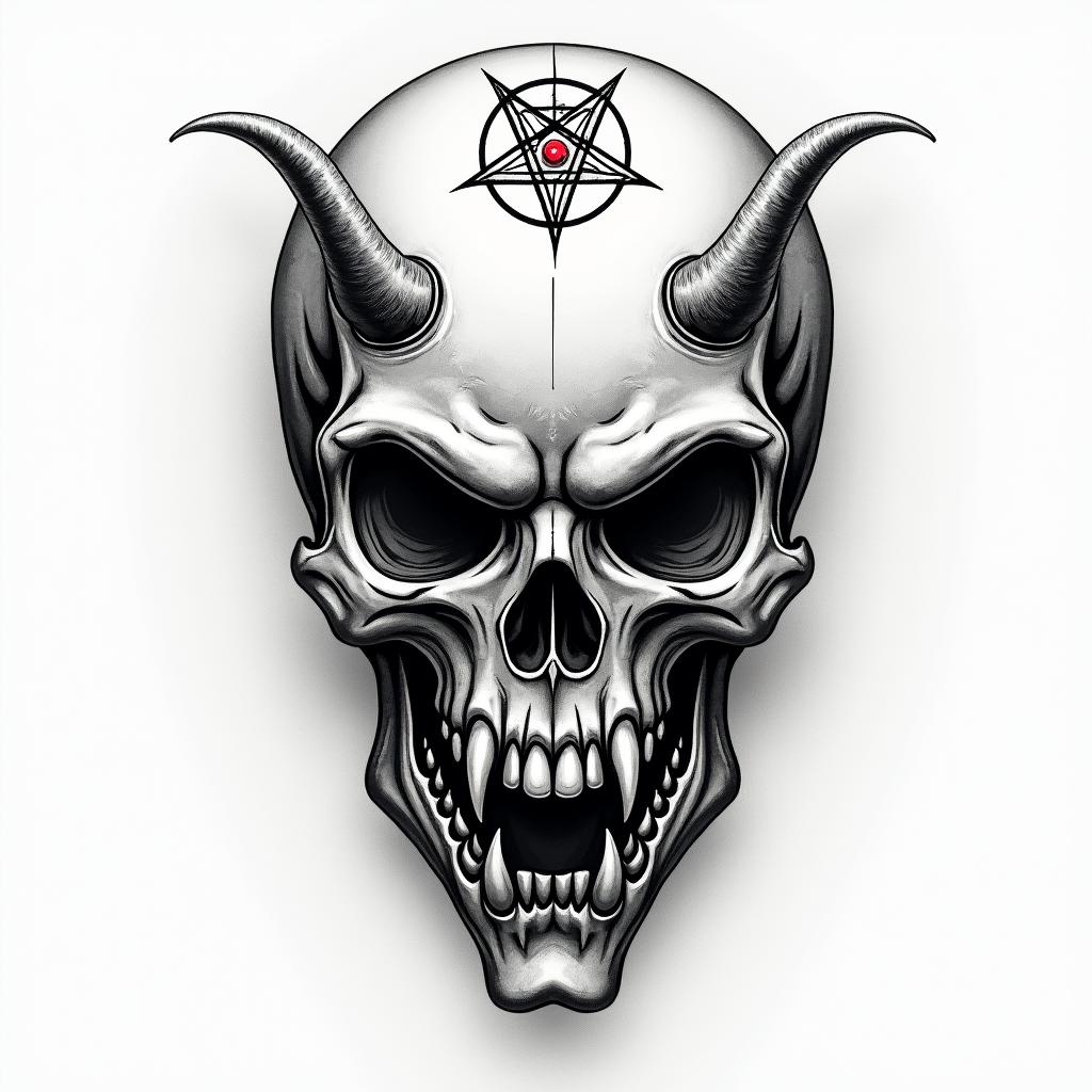 Travis Sagittarius Suffolk Vacreepy horror tattoo style, featuring an eerie and unsettling skull of a demonic creature, distorted face with sharp fangs, add pentagram symbol - Variation 3