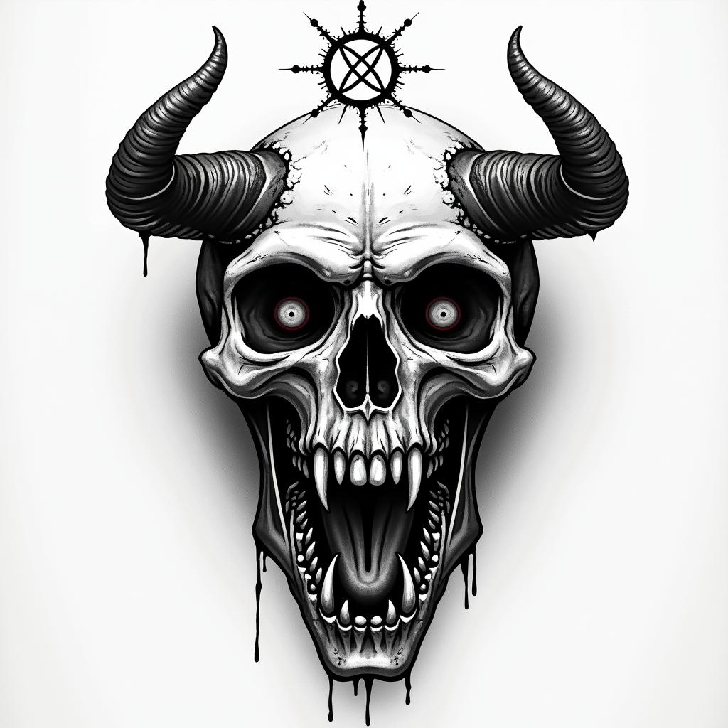 Travis Sagittarius Suffolk Vacreepy horror tattoo style, featuring an eerie and unsettling skull of a demonic creature, distorted face with sharp fangs, add pentagram symbol - Variation 4