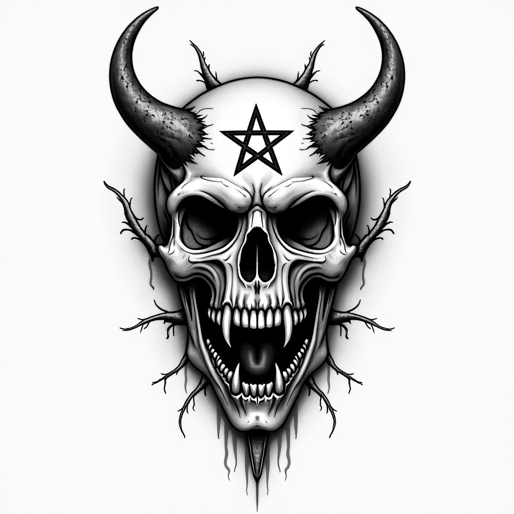 Travis Sagittarius Suffolk Vacreepy horror tattoo style, featuring an eerie and unsettling skull of a demonic creature, distorted face with sharp fangs, add pentagram symbol - Variation 2