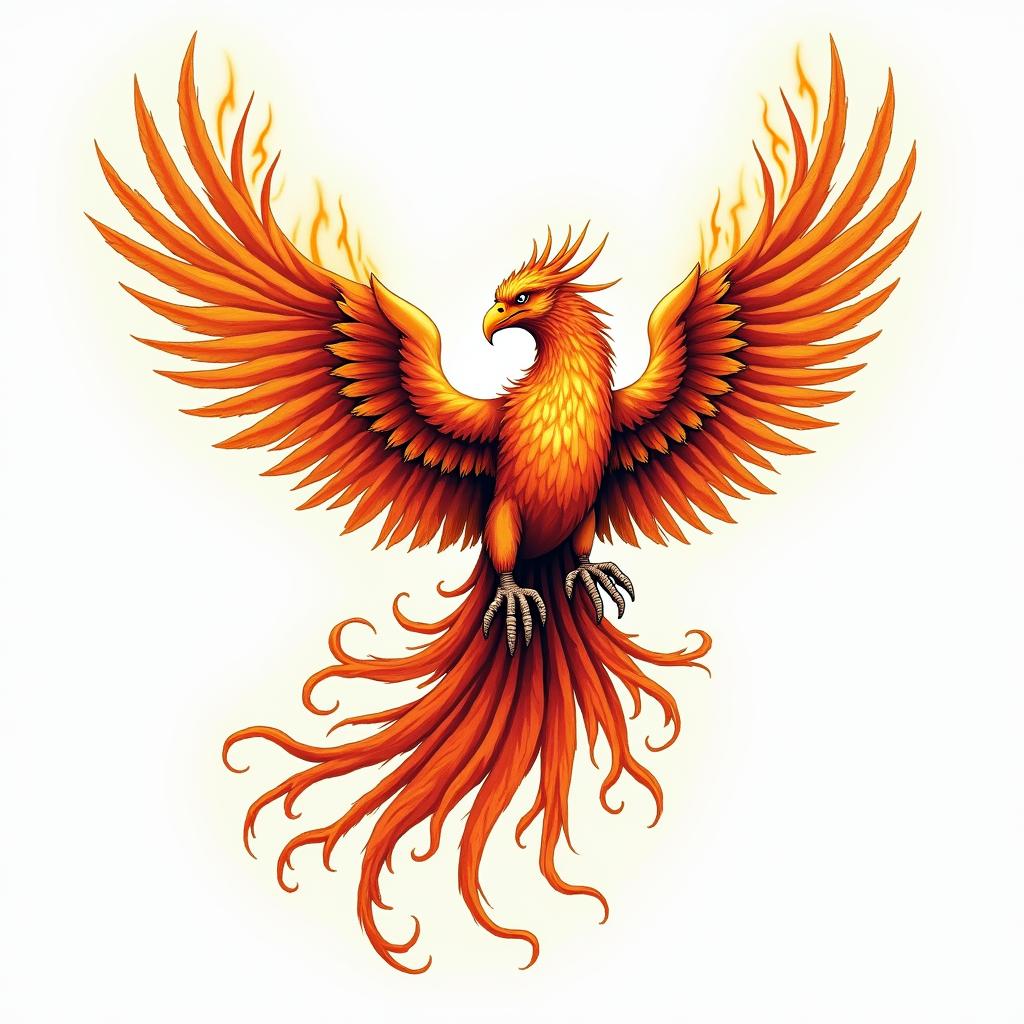 Phoenix with wordsin flame tattoo style showcasing fiery elements with dynamic flame patterns, glowing effect of flames, natural colors - Variation 2