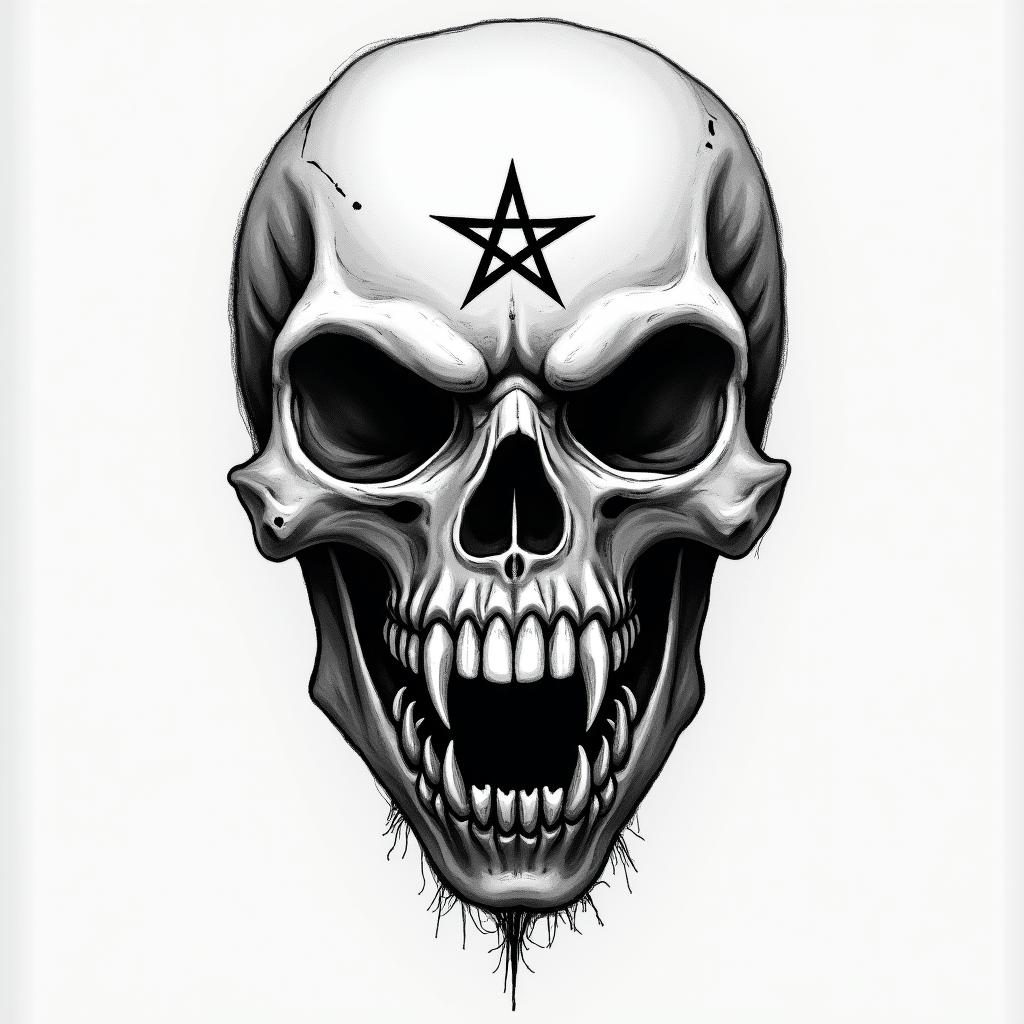 Lipscreepy horror tattoo style, featuring an eerie and unsettling skull of a demonic creature, distorted face with sharp fangs, add pentagram symbol - Variation 3
