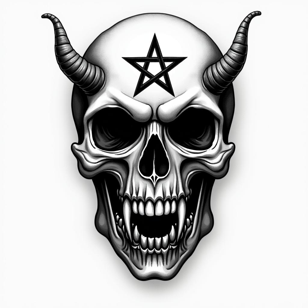 Lipscreepy horror tattoo style, featuring an eerie and unsettling skull of a demonic creature, distorted face with sharp fangs, add pentagram symbol - Variation 2
