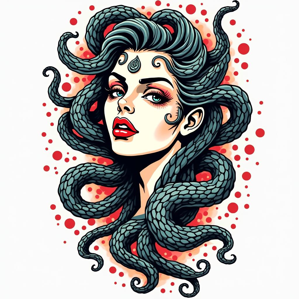 Medusain pop art style tattoo, featuring bold and vibrant colors, exaggerated outlines, iconic imagery, inspired by comic books and speech bubbles, comic book characters, retro pop culture - Variation 4
