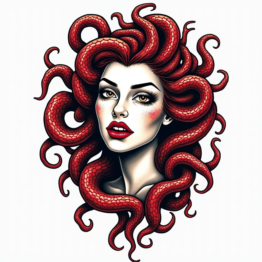Medusain pop art style tattoo, featuring bold and vibrant colors, exaggerated outlines, iconic imagery, inspired by comic books and speech bubbles, comic book characters, retro pop culture